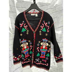 Vintage Gantos Ugly Christmas Sweater Nutcracker Cardigan Holiday Black Red M